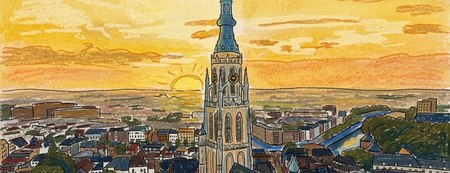 Getekende ochtendlucht boven Breda met de Grote Kerk